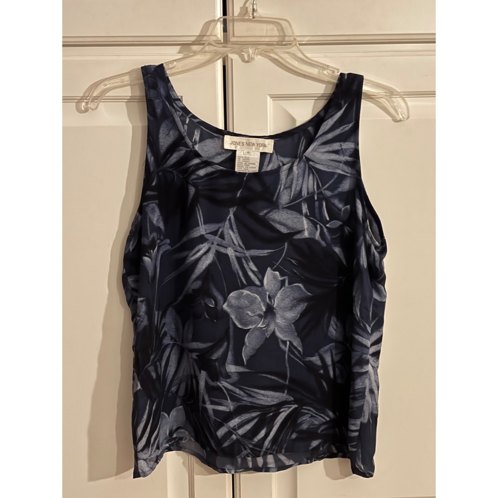 Jones New York Womens Navy Blue 100% Silk Floral Sleeveless Blouse Top Size 8